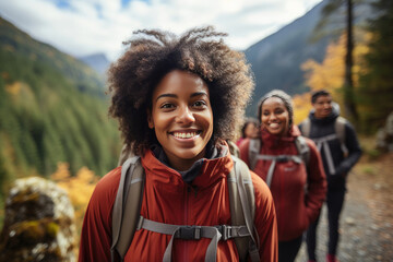 Group of young adult friends hiking in autumn forest smiling and enjoying nature together associated with outdoor leisure and travel industries - obrazy, fototapety, plakaty