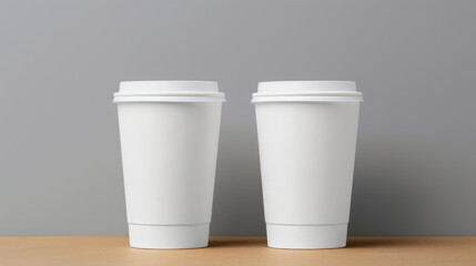 Two white paper biodegradable disposable cups with lid for hot drinks. Tea or coffee to take away. Copy space mockup for logo design or text. Grey background. Generative AI.