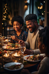 A heartwarming family dinner with African American father and daughter enjoying a festive moment of laughter and joy ideal for lifestyle and food industry