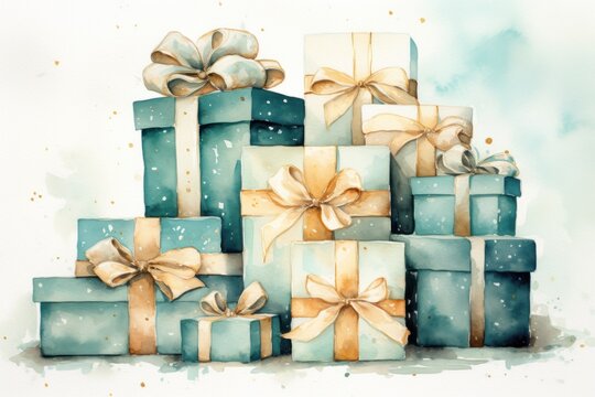  a watercolor painting of a stack of wrapped gift boxes with gold bows and bows on the top of each of the boxes are blue and white boxes with gold bows.