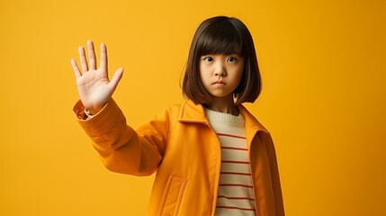 Portrait of kid doing stop sing with palm of hand. Warning expression with negative and serious gesture on face. People emotion lifestyle concept