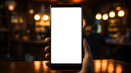 a female hand holds a smartphone with an interchangeable display in front of her in a bar