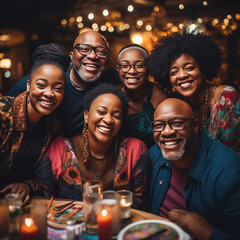 Multi-generational African American family enjoying a festive dinner together exuding warmth happiness and bonding in an elegant restaurant setting