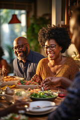 Family and friends sharing a joyful dinner gathering with home cooked food and laughter indicating a festive celebration in a homely warmth atmosphere
