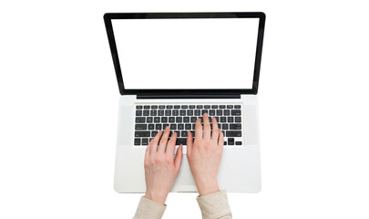 male hands typing on a laptop - 682339054