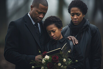 African American family in mourning at a funeral showing support and love through grief and sorrow - obrazy, fototapety, plakaty
