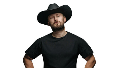 Handsome cowboy wearing black cowboy hat with beard