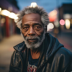 Fototapeta premium Portrait of a contemplative elderly man of African descent in a serene evening urban setting