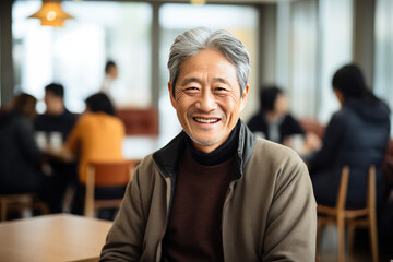 Smiling senior Asian male in a casual turtleneck enjoying leisure time in a bright modern restaurant ideal for lifestyle marketing and hospitality - obrazy, fototapety, plakaty