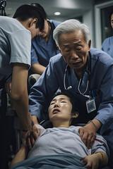 Fototapeta premium Medical team attending to a young Asian female patient in an emergency showing care urgency and teamwork in healthcare setting
