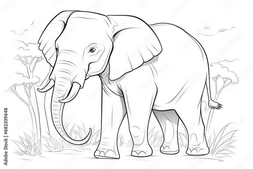 Poster a drawing of an elephant standing in the grass with trees in the back ground and grass in the front 