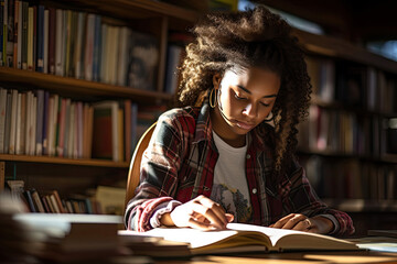 Young African American woman studying in library evokes themes of education concentration determination and academic growth ideal for educational sector