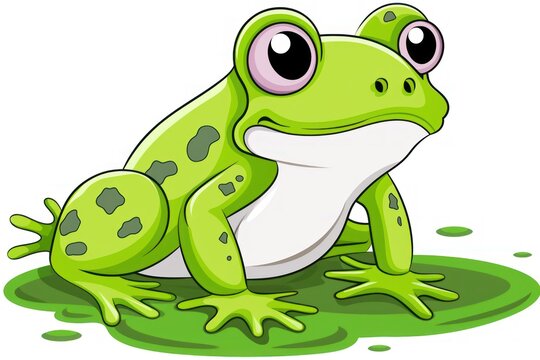  a green frog sitting on top of a green patch of grass with a white spot on it's back legs and a black spot on it's belly.