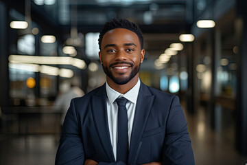 Confident young African American businessman smiling in a modern corporate office suggesting professional headshot for branding and career development