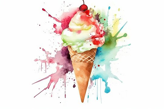 etc shirts t poster, cards greeting illustration Bright splashes paint cone cream ice Watercolor