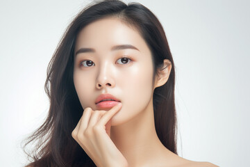 The close up detail portrait of an Asian female model&rsquo;s face in natural makeup look with healthy glowing skin, hands near face for skincare makeup or facial clinic ads. Generative AI.