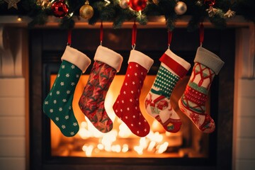 Christmas comfy fireplace with socks in living room with cookies and milk. Generative Ai.