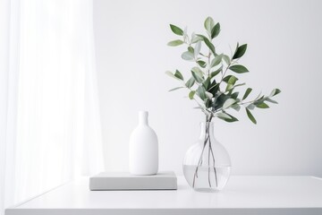 Vase with green sprigs of plants in white minimalist interior. Generative AI