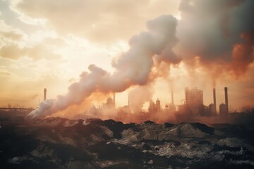 Air and planet pollution, landscape with smoking factory.. Generative AI - obrazy, fototapety, plakaty