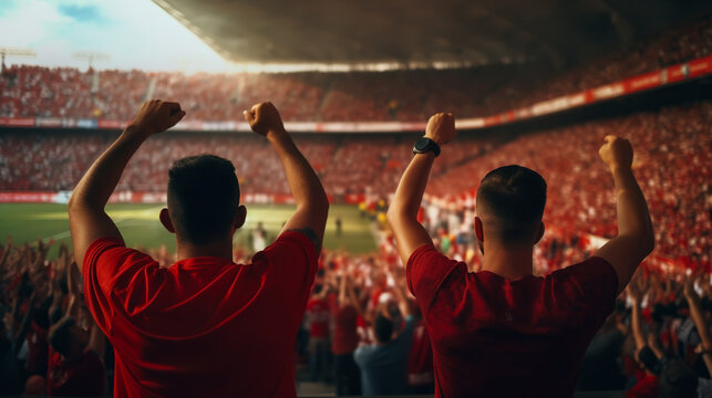 group of fans dressed in red color watching a sports event in the stands of a stadium