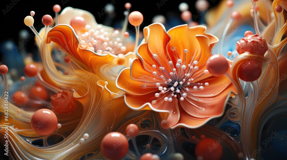 Aufkleber a close up of an orange flower on a black background with bubbles and bubbles in the bottom right co