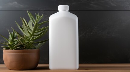 White Plastic Shampoo Bottle. Wooden table, grey wall and green plants near. Copy space mockup for logo design or text. Generative AI. Blank cosmetic bottle for branding.