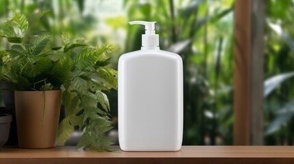 White Plastic Shampoo Bottle with Dispensary Lid. Wooden table, green plants near. Copy space mockup for logo design or text. Generative AI. Blank cosmetic bottle with pump for branding.