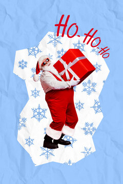 Collage artwork minimal picture of funny funky santa preparing xmas present isolated graphical blue color background