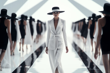 The horizontal view of attractive female models in unique black and white outfits with floppy or cloche hat theme walking on the runway. Generative AI.