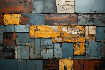  a close up of a rusted metal wall with a yellow and blue patchwork design on the bottom 