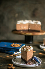 A piece of chocolate cheesecake. Home atmosphere