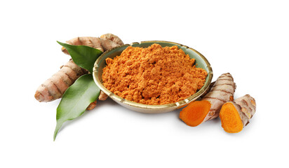 Bowl of aromatic turmeric powder, leaves and raw roots isolated on white