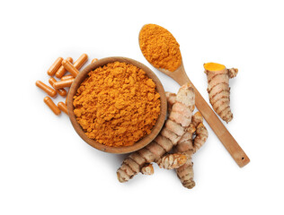 Aromatic turmeric powder, pills and raw roots isolated on white, top view