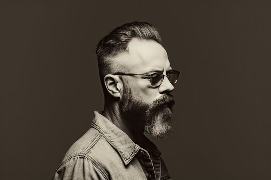 text your spase There background toned glasses shirt denim Man Bearded portrait white Black