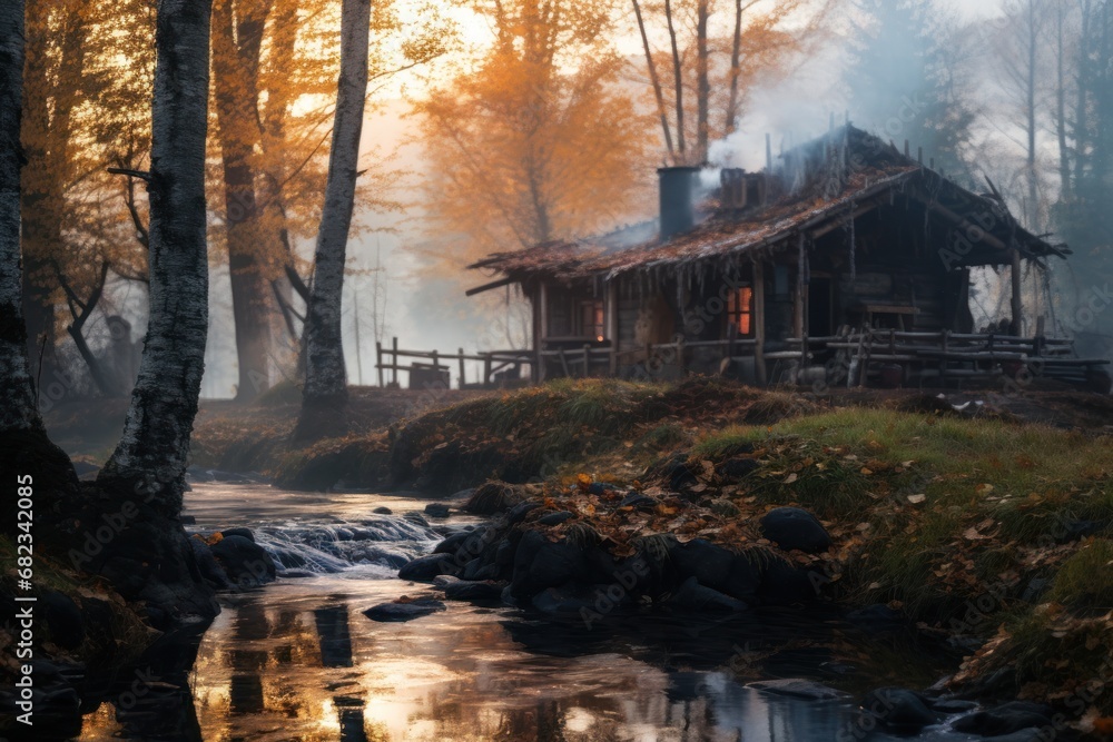 Poster a cabin in the woods with a stream running through the foreground and trees in the background, with 