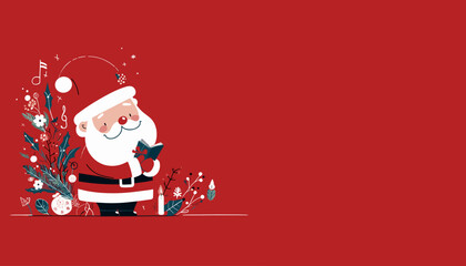 Illustration banner of Santa Claus for a Christmas card postcard greetings  on a red background minimalist with space for text © Galeno