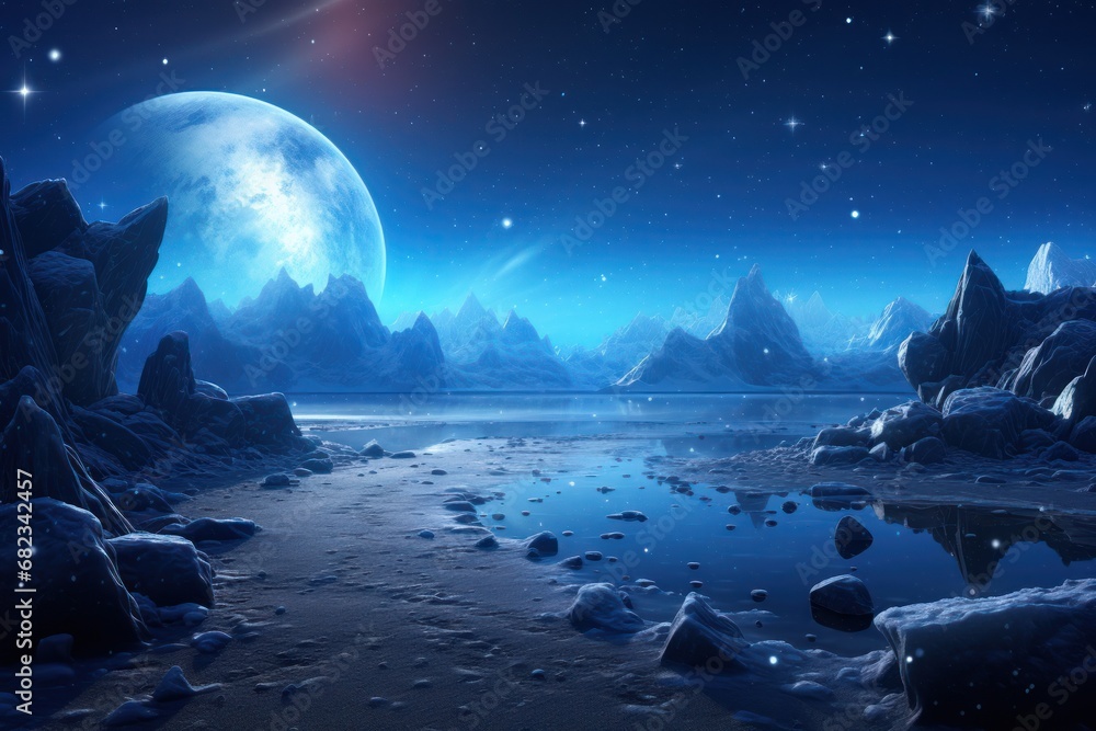 Poster an alien landscape with a lake and mountains in the foreground and a large moon in the sky with star