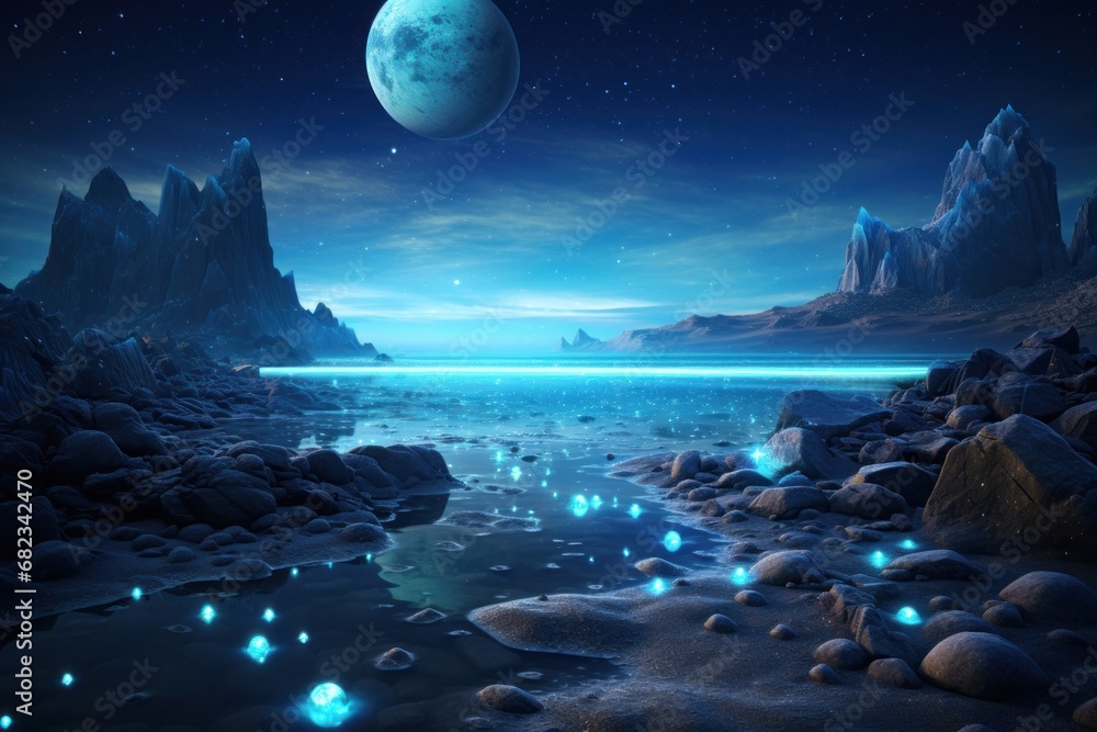 Poster a computer generated image of an alien landscape with a moon and stars in the sky above a body of wa