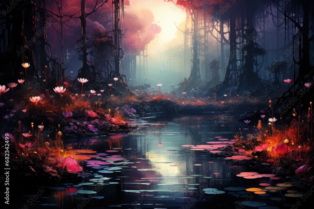 Poster a painting of a pond in the middle of a forest with lily pads in the foreground and a full moon in t