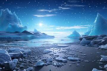  a group of icebergs floating on top of a body of water next to icebergs under a blue sky with stars and a star filled night sky.