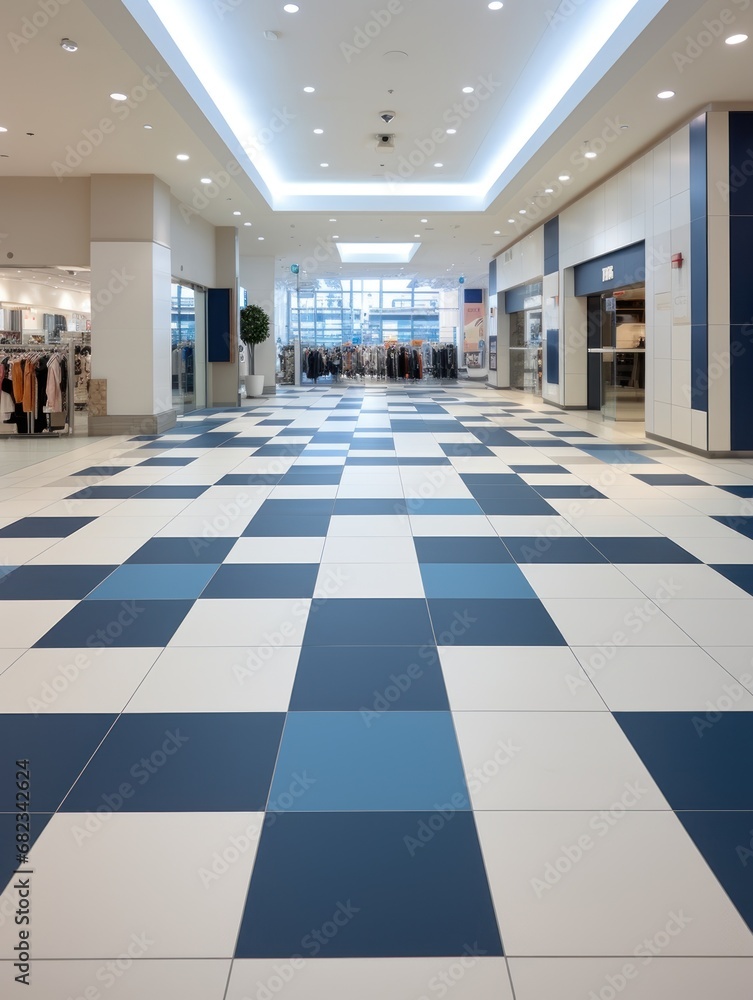Poster a large blue and white checkered floor in a large building with a skylight in the middle of the floo