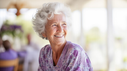 Joyful Elderly Lady in a Senior Living Facility - obrazy, fototapety, plakaty