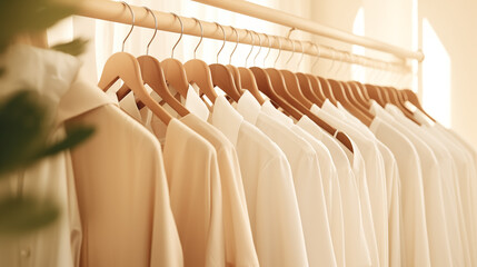 close-up of women's white and baige clothing hung on hangers in a clothing rack