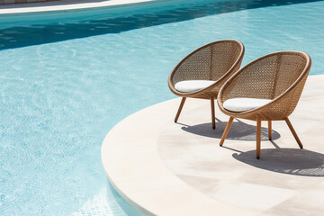 The landscape view of two wicker lounge chairs with pillows and coffee table set near private swimming pool at a pool villa accommodation, summer vacation. Generative AI.