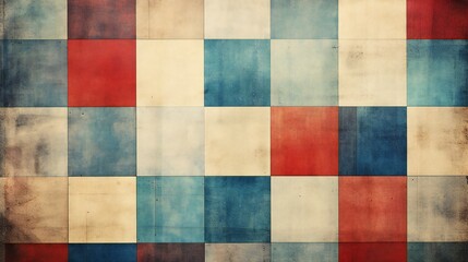 Fototapeta premium Vintage Patchwork Canvas: A Time-Worn Tapestry of Red, White, and Blue Squares in Artful Disarray