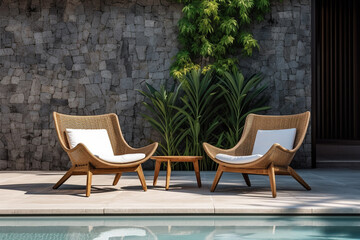 The landscape view of two wicker lounge chairs with pillows and coffee table set near private swimming pool at a pool villa accommodation, summer vacation. Generative AI.