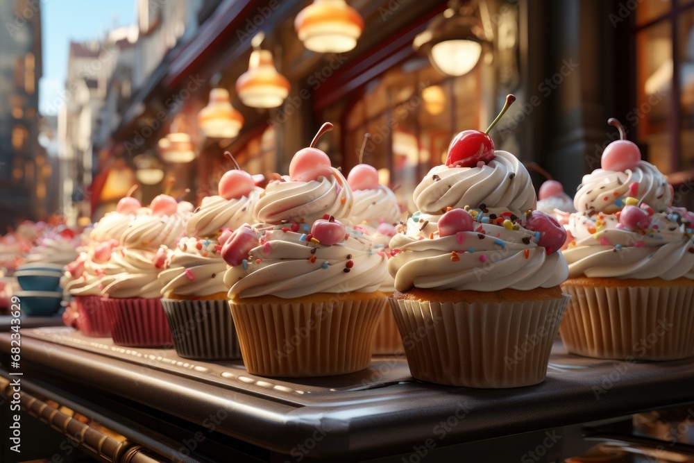 Poster a row of cupcakes with white frosting and sprinkles on a table in front of a store with lights and a