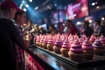  a row of cupcakes with pink frosting and sprinkles on them on a table in front of a crowd of people at a sporting event. - obrazy, fototapety, plakaty