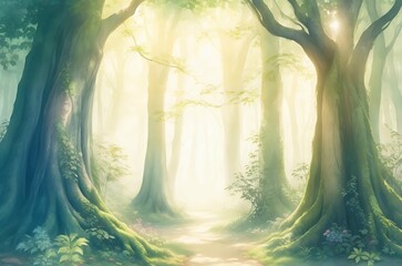 a detailed watercolor painting of an enchanting forest