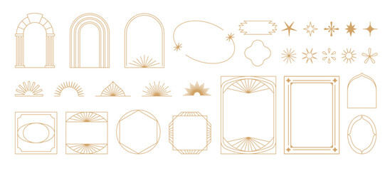 Vector set of design elements and illustrations in simple linear style - boho arch and border logo design elements and frames for social media stories and posts - 682343800